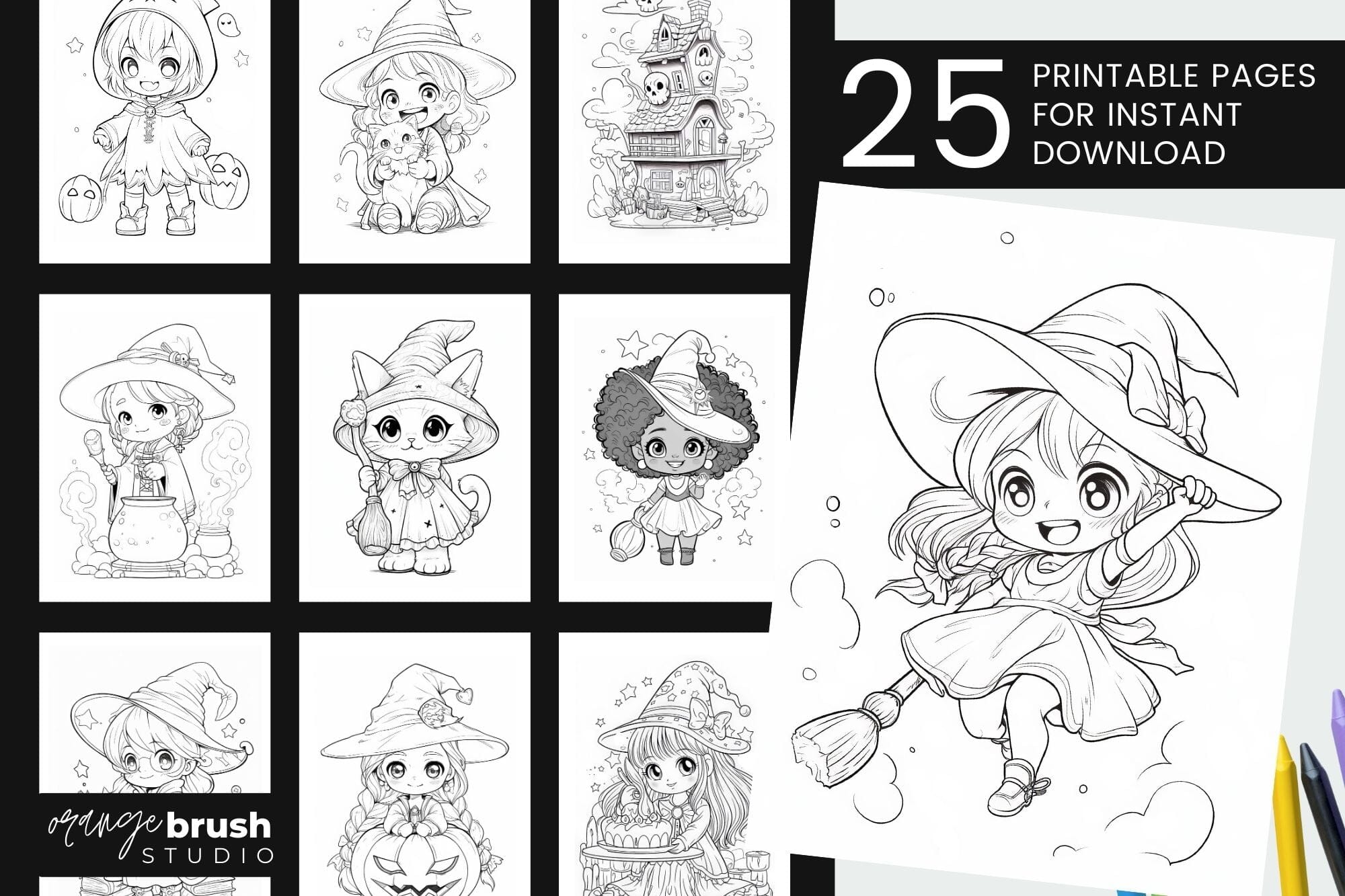 Kawaii witch coloring book halloween coloring page bundle