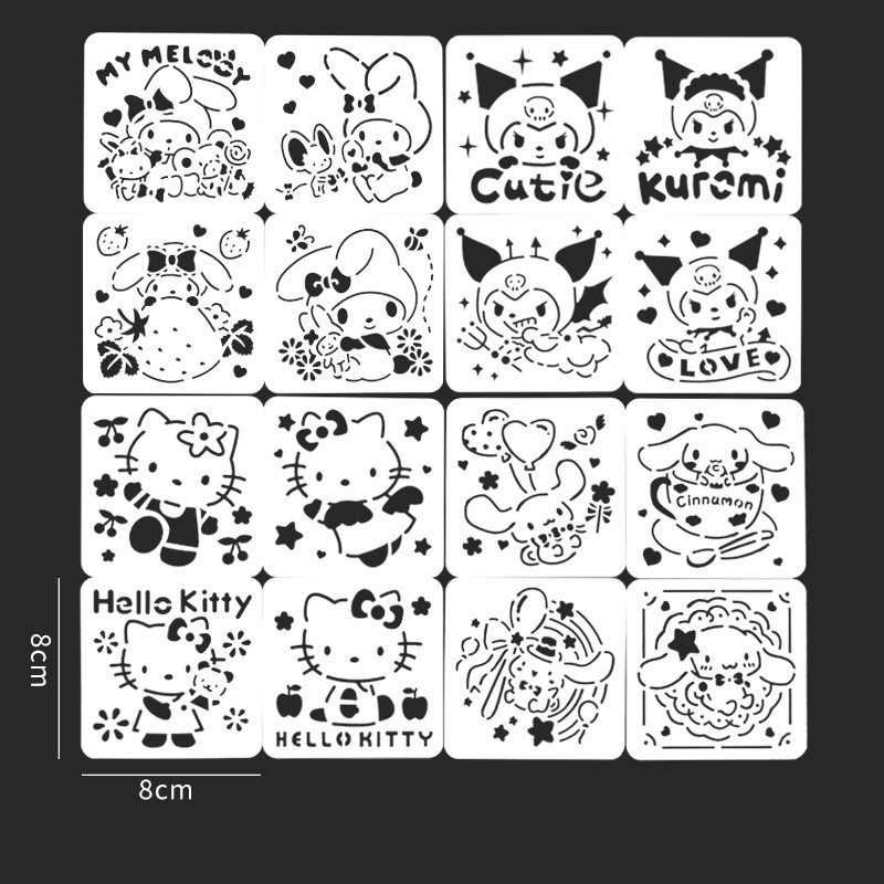 Kawaii sanrio hellokittys kuromi cinnamoroll handdrawn template anime cartoon diy graffiti hollow out pet drawing board kids toy