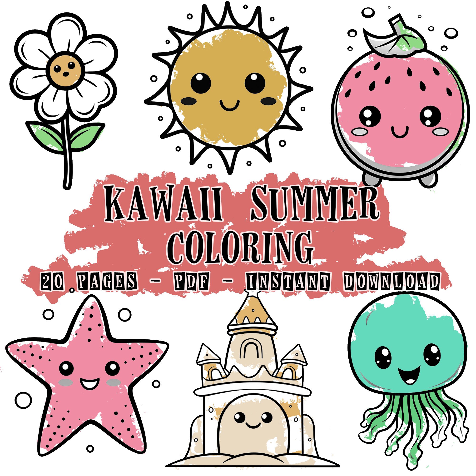 Kawaii summer coloring pages digital download montessori busy binder preschool sensory activity gift for kids cute toddler activities