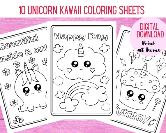 Unicorn coloring pages cute unicorn kawaii coloring sheets digital download coloring pages for kids