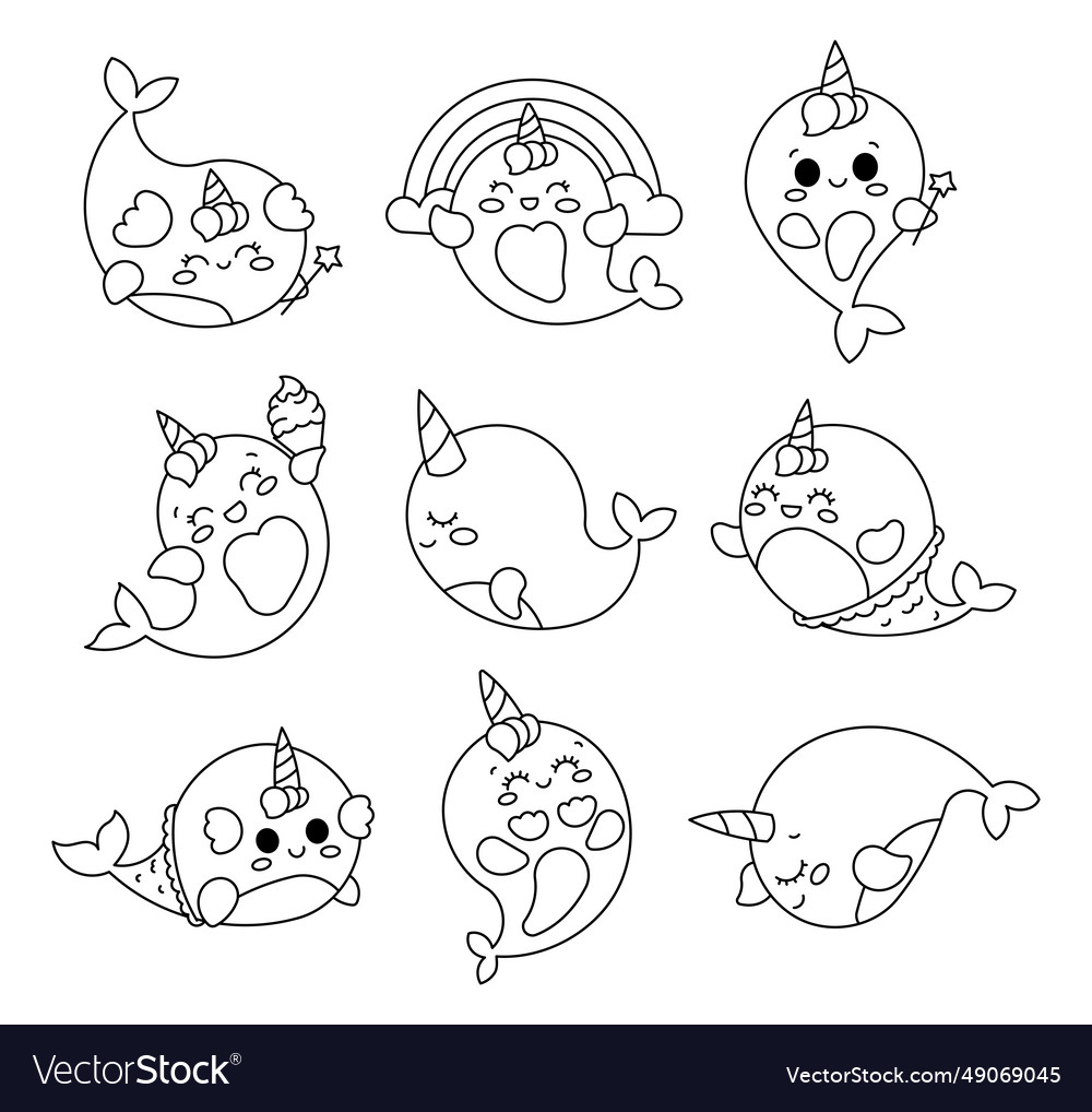 Little kawaii whale unicorn coloring page cute vector image