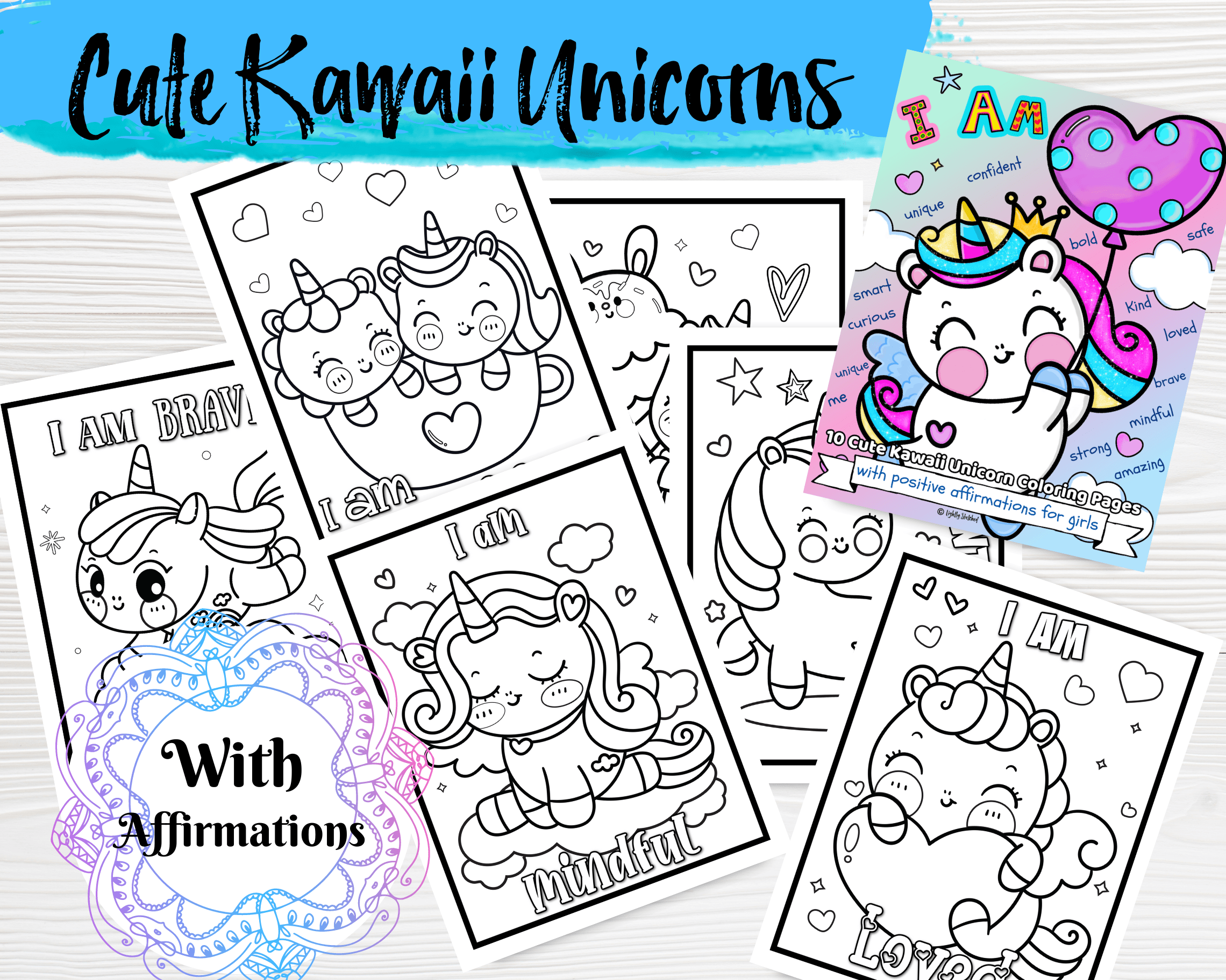 Cute kawaii unicorns with affirmations lightly sketched