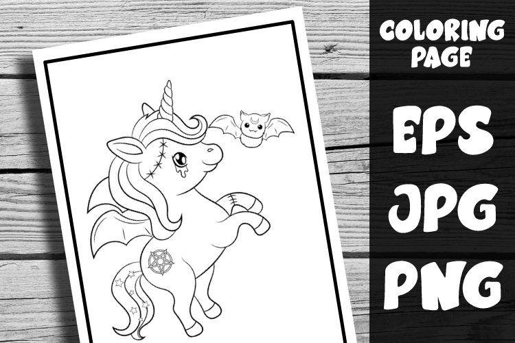 Creepy pastel goth kawaii unicorn coloring page