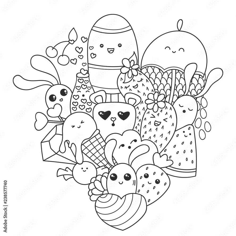 Vector doodle art with ice cream sweets and kawaii characters valentines day pattern for coloring book or design print easy to change color vector