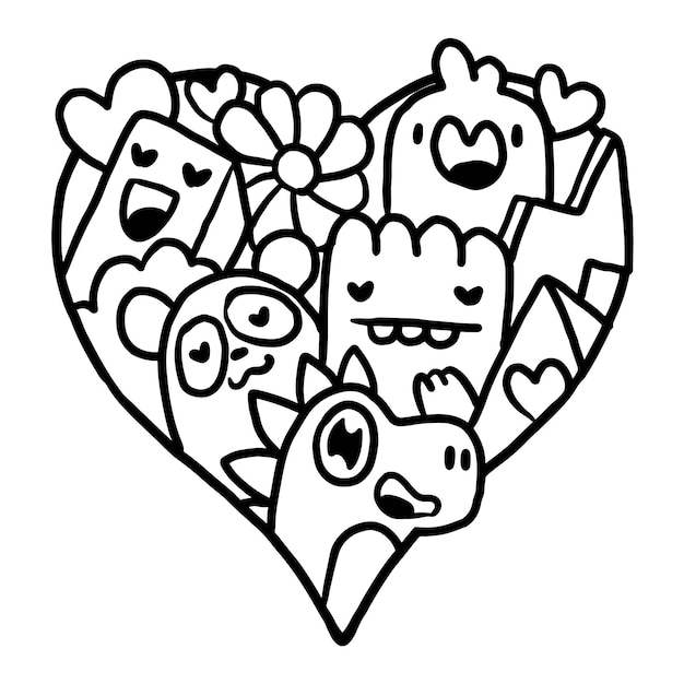 Premium vector heart doodle cute valentine coloring page