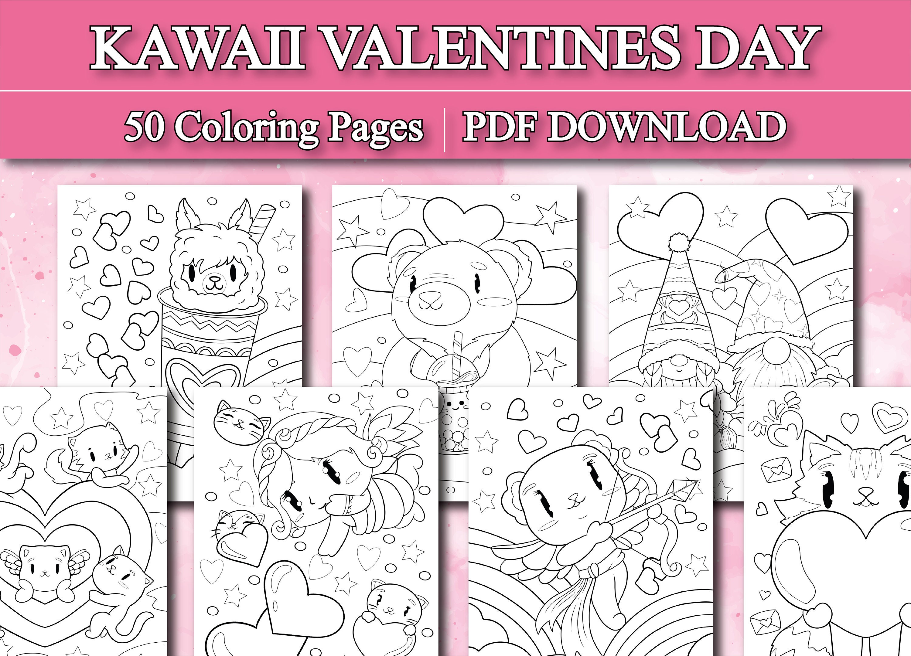 Kawaii valentines day coloring pages digital coloring pages printable pdf download