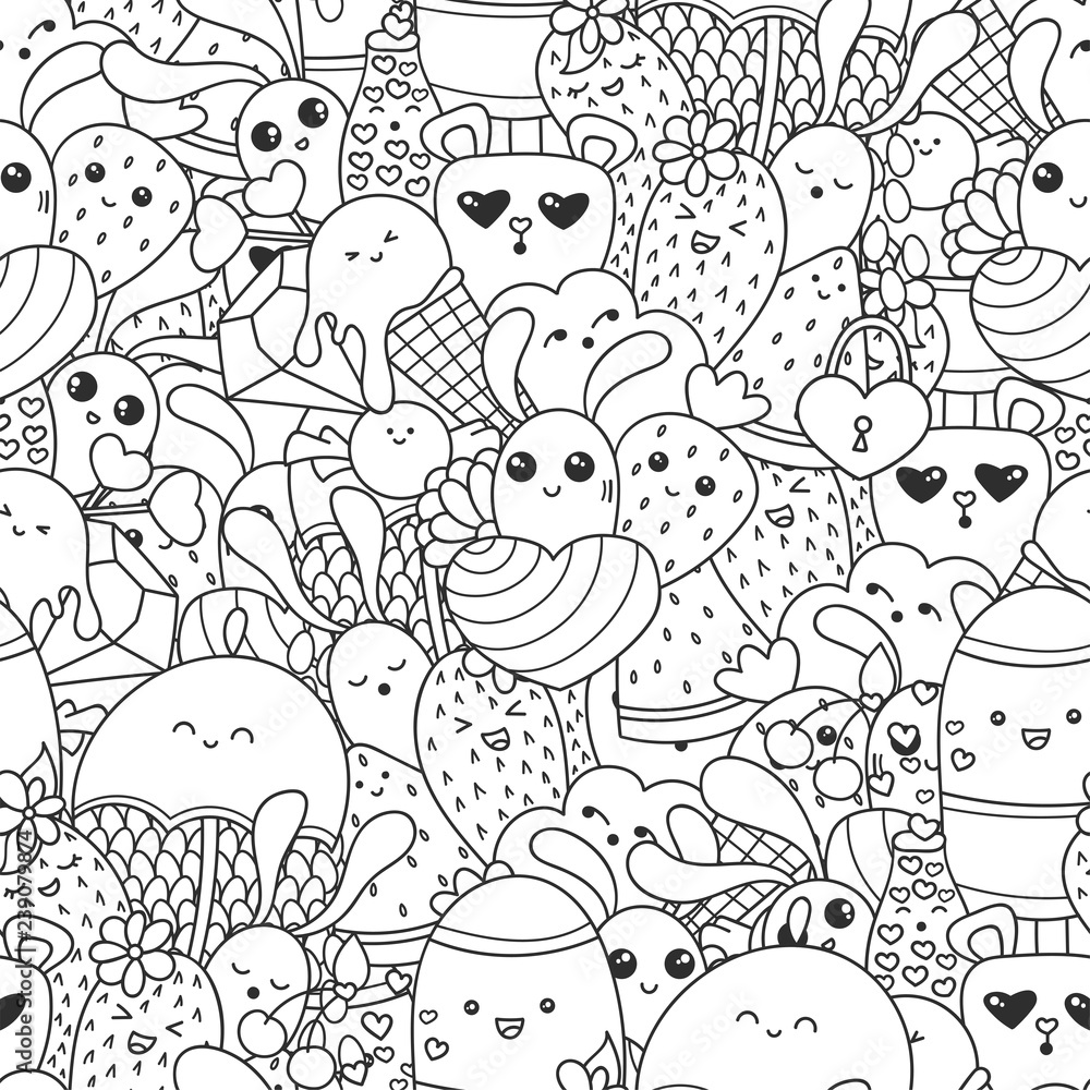 Doodles seamless pattern with ice cream sweets and kawaii characters valentines day pattern for coloring book or design print easy to change color vector