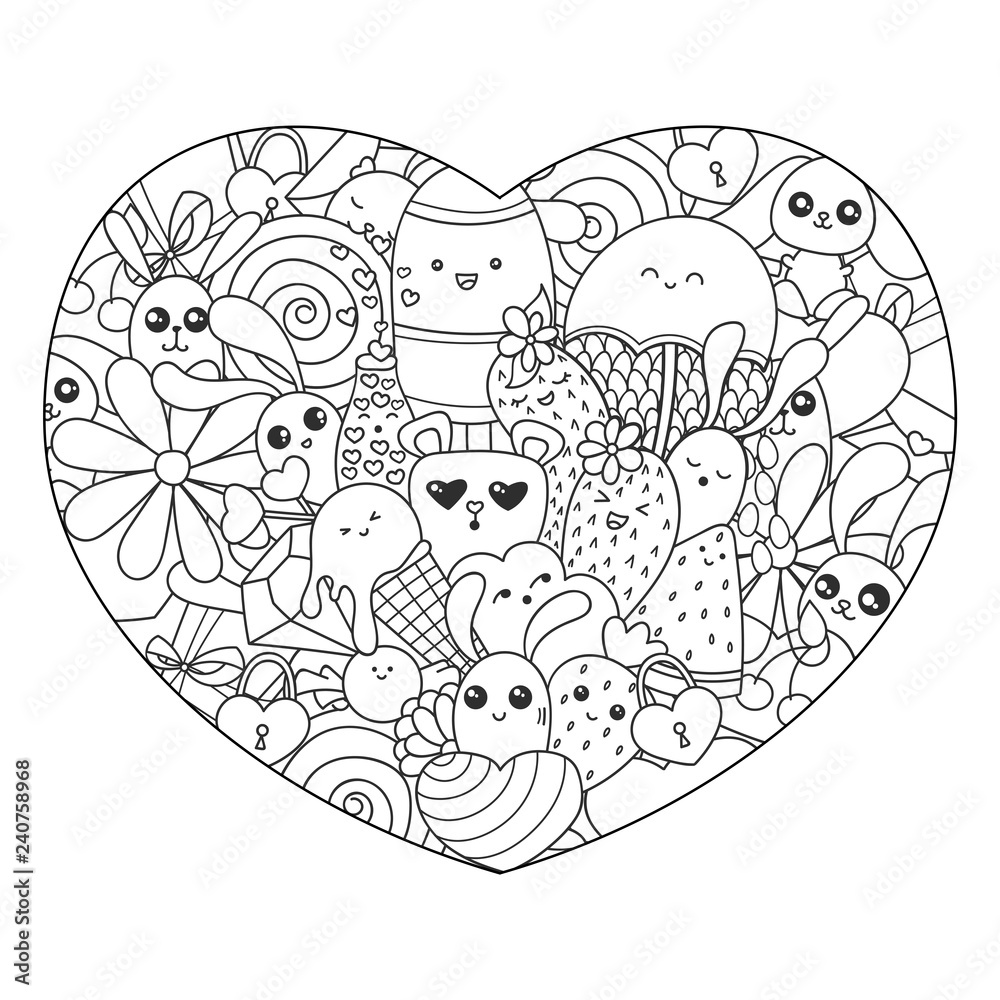 Doodle art in the shape of heart with ice cream sweets and kawaii characters valentines day pattern for coloring book or design print easy to change color vector