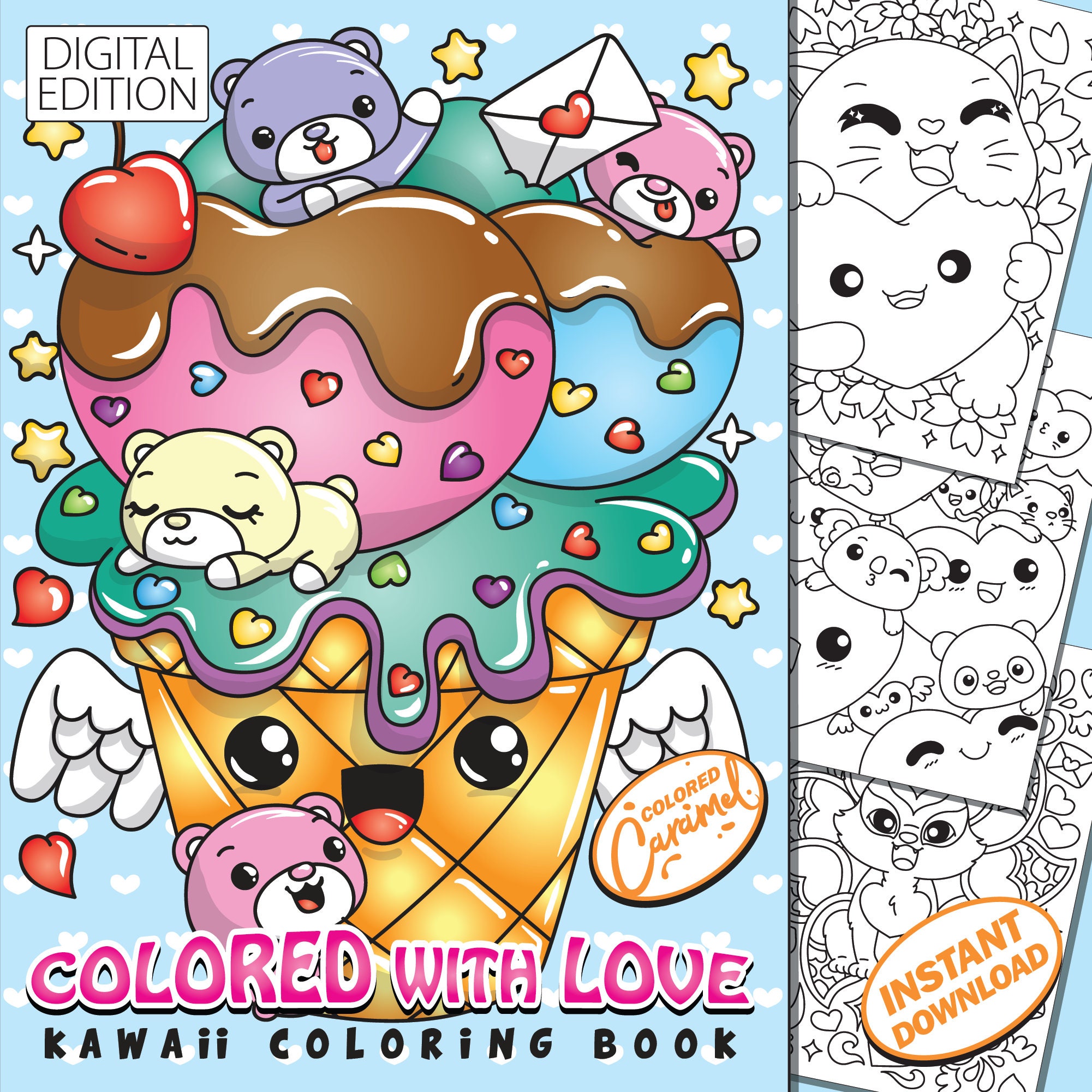 Cute valentines kawaii coloring book printable pdf instant digital download colorable pages full of love hearts sweets animals food