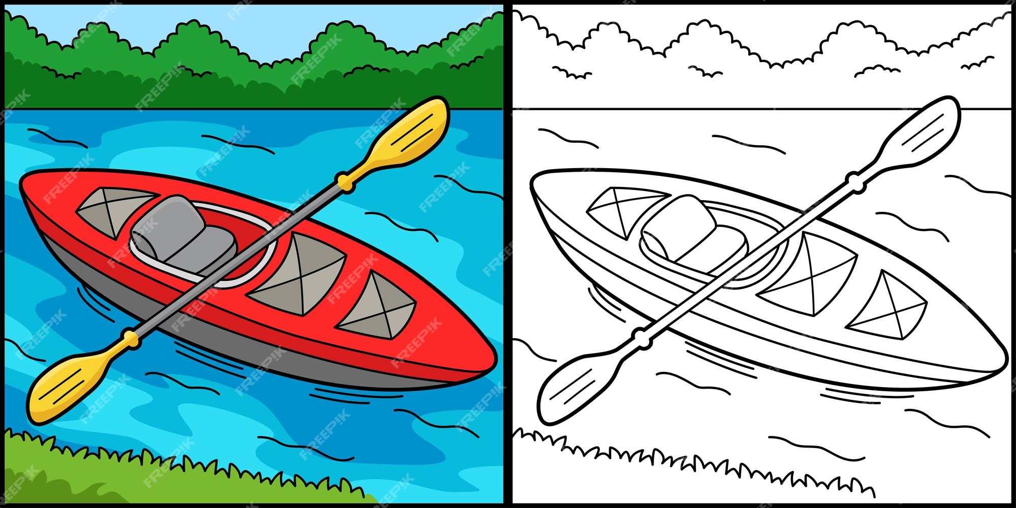 Premium vector this coloring page shows a kayak one side of this illustration is colored and serves as an inspiration for children