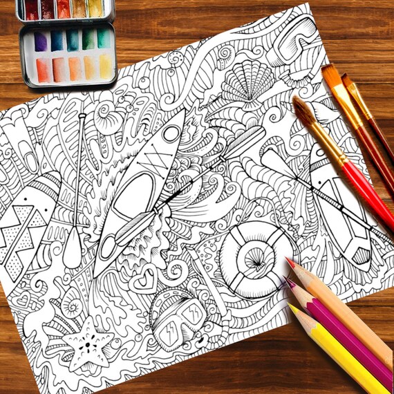 Digital coloring page kayaks and sups for adults instant digital jpeg download adult coloring sheet coloring design