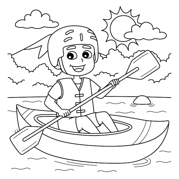 Premium vector a cute and funny coloring page of a boy kayaking provides hours of coloring fun for children color this page is very easy suitable for little kids and toddlers