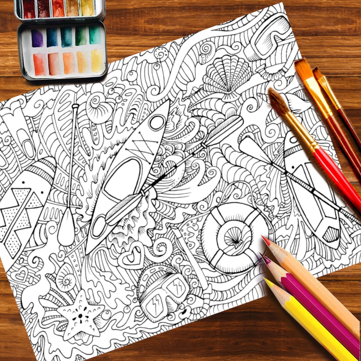 Digital coloring page kayaks and sups for adults instant