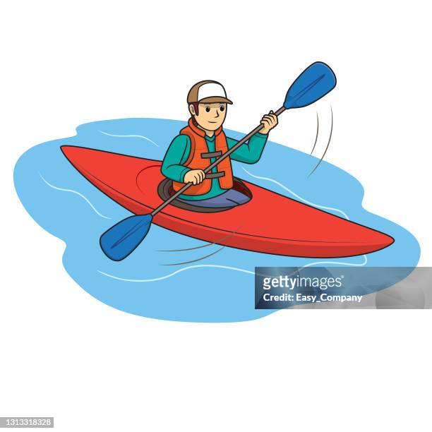 A man paddling in canoe or kayak extreme sports isolated on white background for preschool kid coloring activity worksheet parison drawing doodle art project first word book or flash card color cartoon