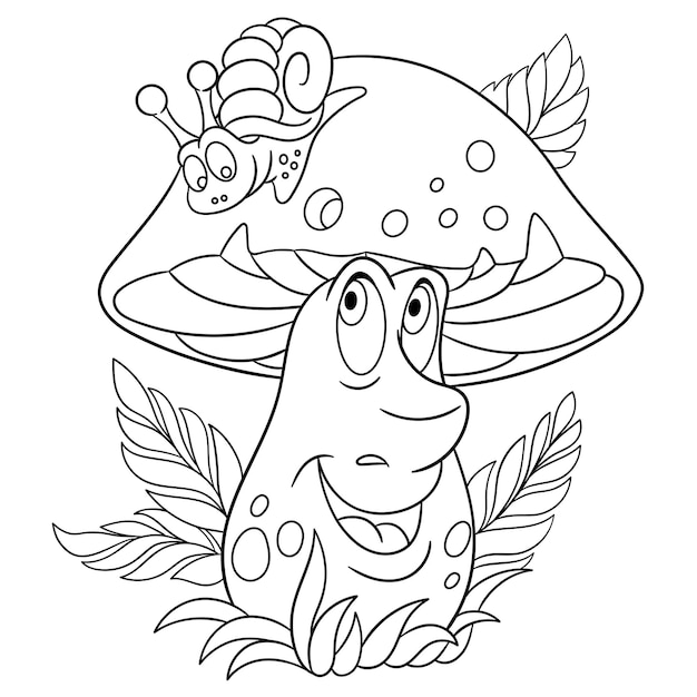 Premium vector cute boletus mushroom and snail cartoon funny food emoji face kids coloring page