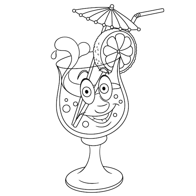 Premium vector cute cocktail with umbrella cartoon funny food emoji face kids coloring page