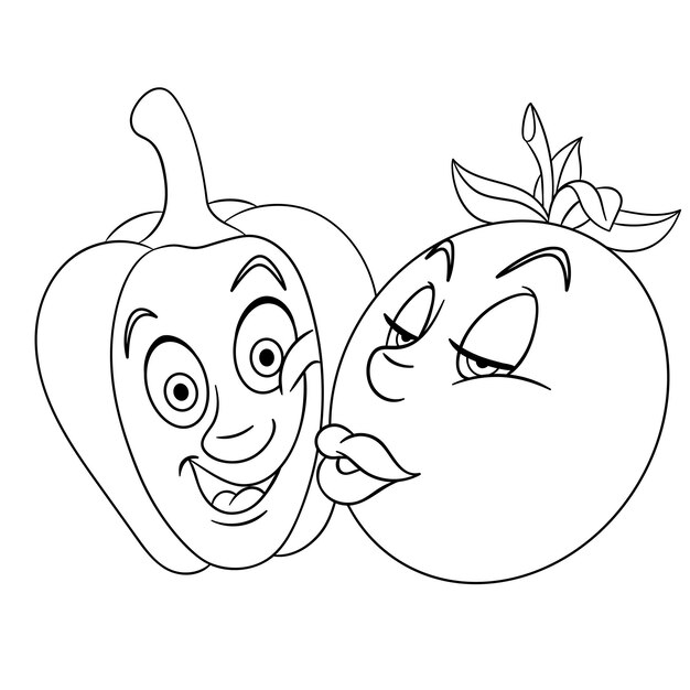 Premium vector cute tomato and bell peper kissing cartoon funny food emoji face kids coloring page