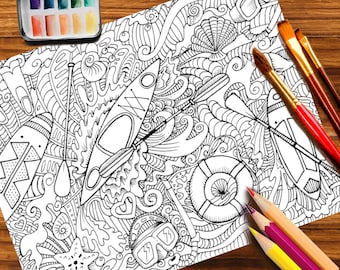 Digital coloring page kayaks and sups for adults instant
