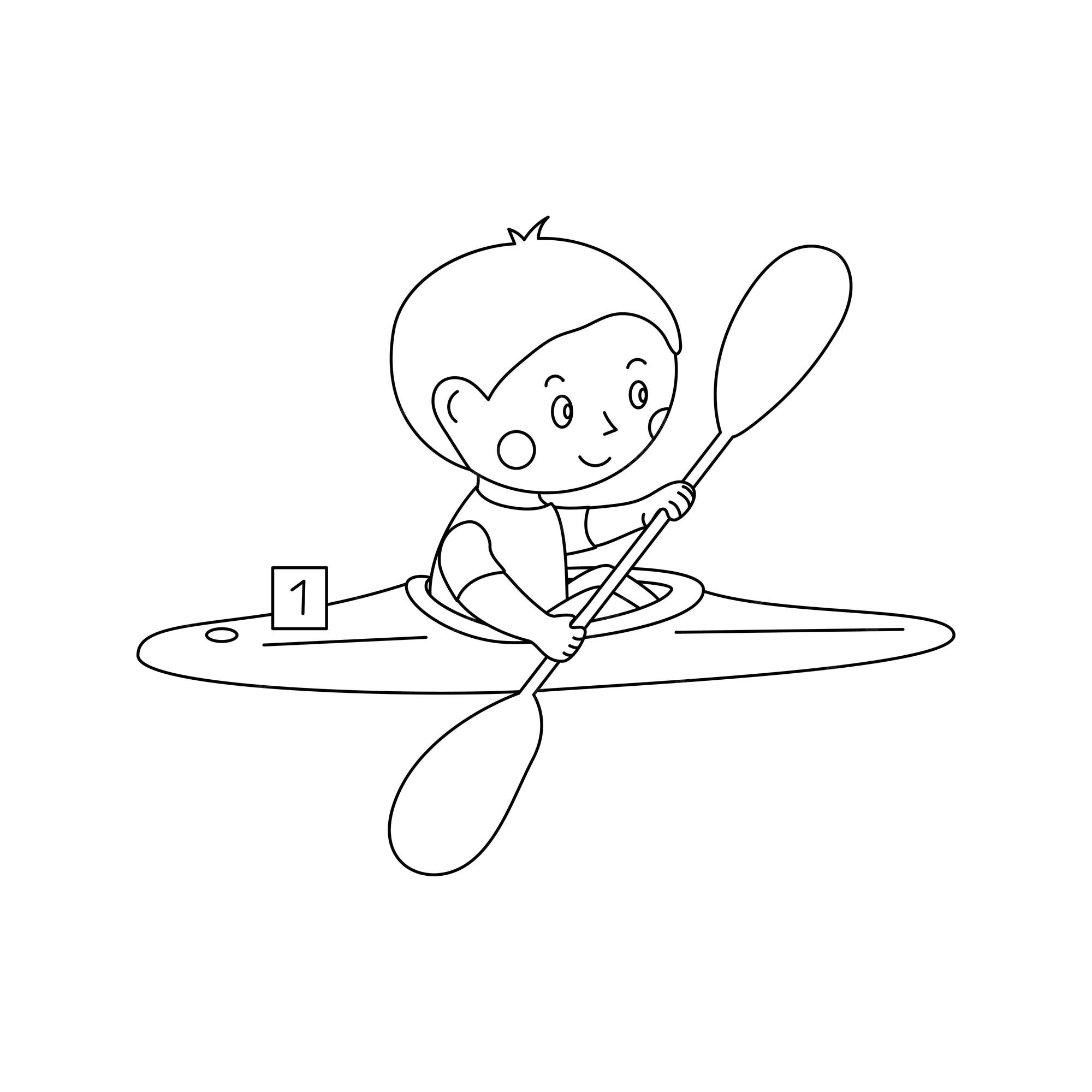 Premium vector illustration of a boy paddling on kayak outline vector image of rowing kid for coloring page