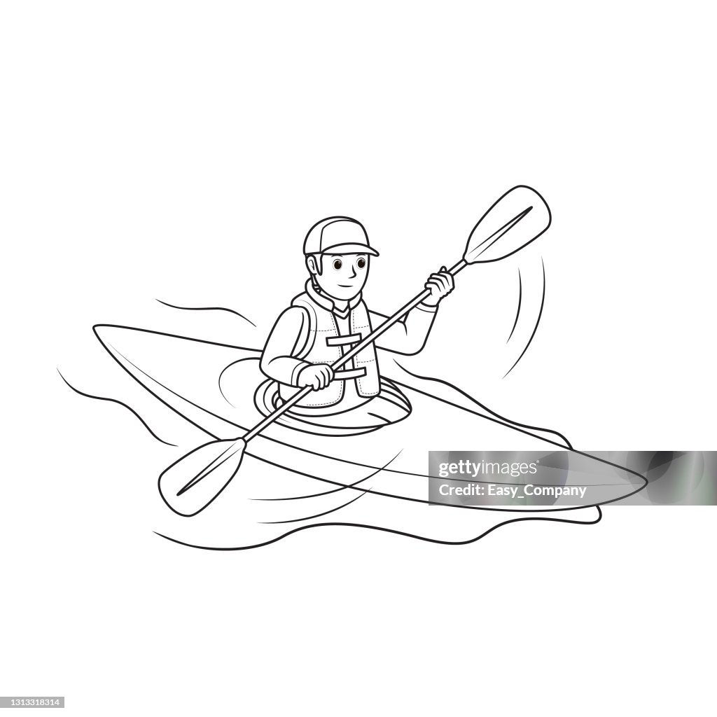 A man paddling in canoe or kayak extreme sports isolated on white background for preschool kid coloring activity worksheet parison drawing doodle art project first word book or flash card color cartoon