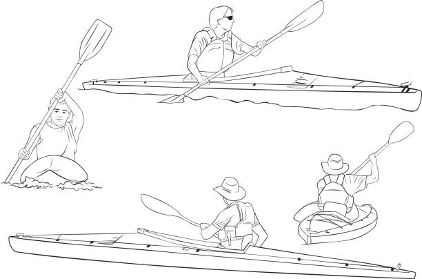 Kayaking line drawings stock illustrations royalty