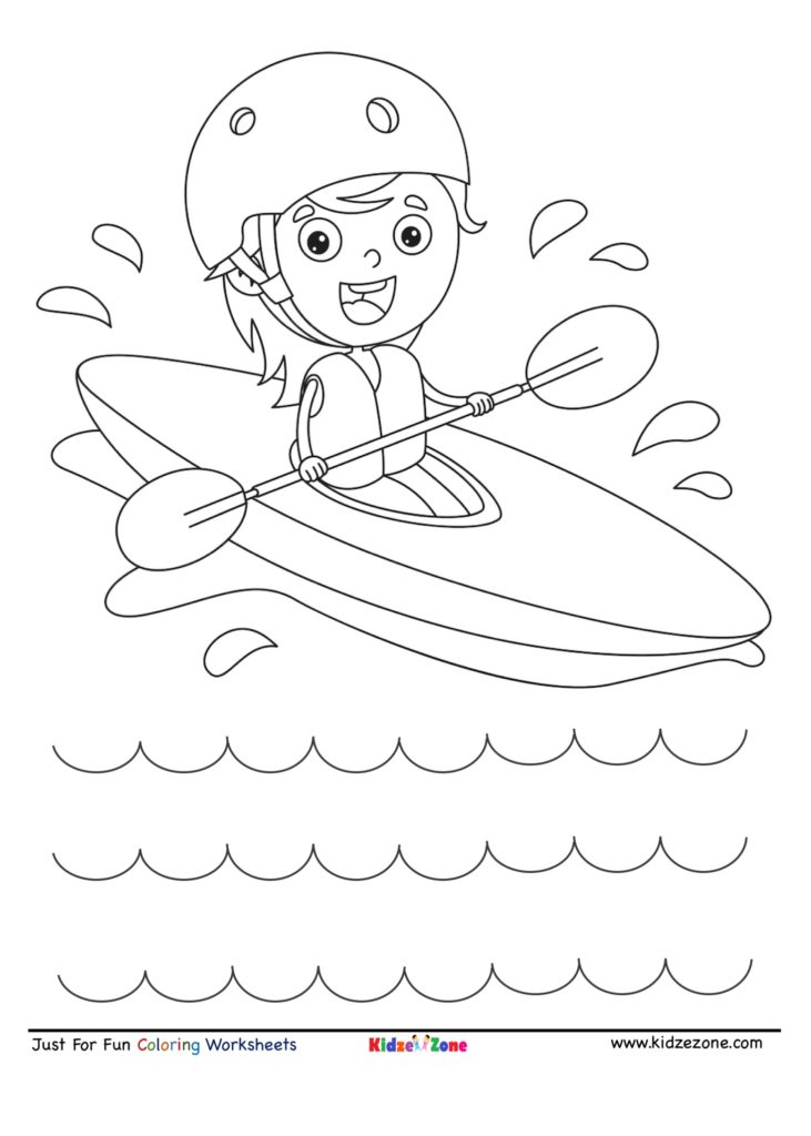 Kid kayaking along cartoon coloring page