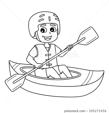 Boy kayaking summer isolated coloring page