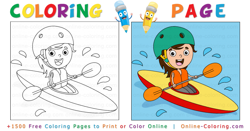 Kid kayaking free online coloring page