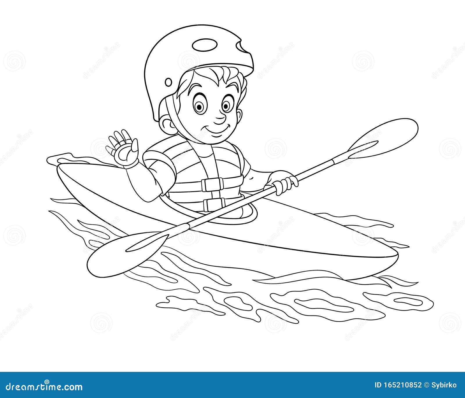 Coloring page with boy canoeing extreme sport kayaking stock vector