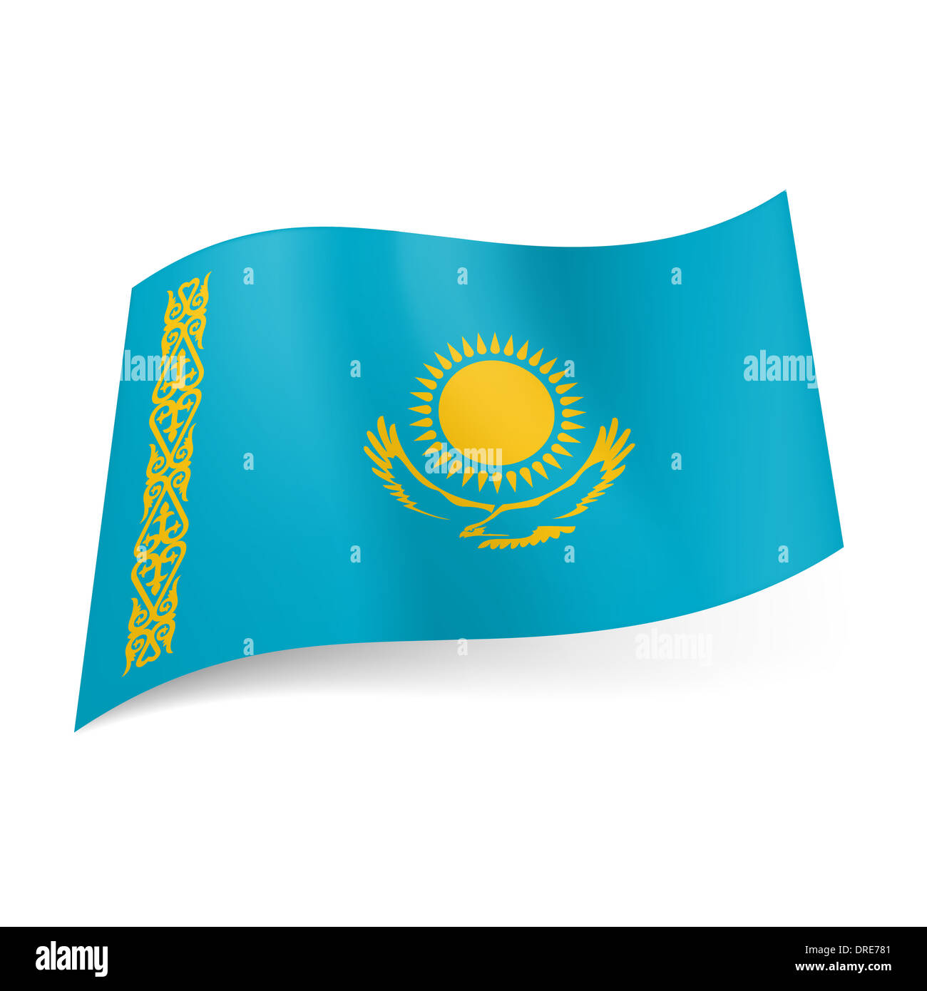 National flag of kazakhstan golden sun above eagle and golden ornament on the left on blue background stock photo