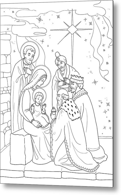Christmas coloring page with baby jesus mary joseph three wis metal print by olha zolotnyk
