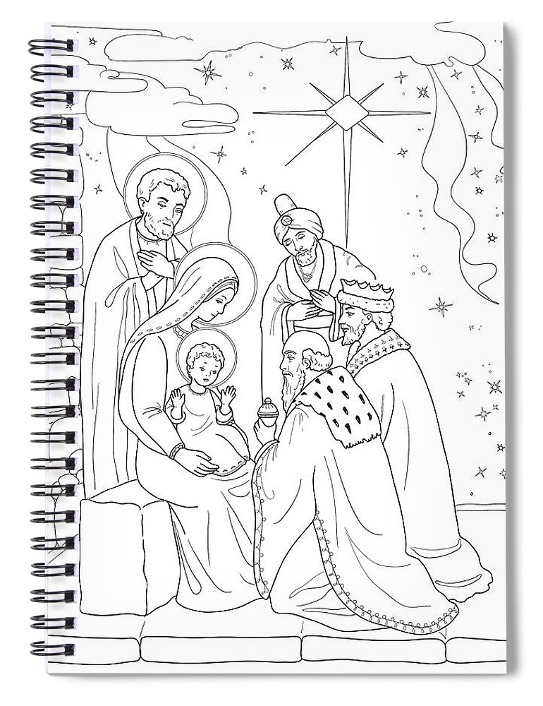 Christmas coloring page with baby jesus mary joseph three wis spiral notebook by olha zolotnyk