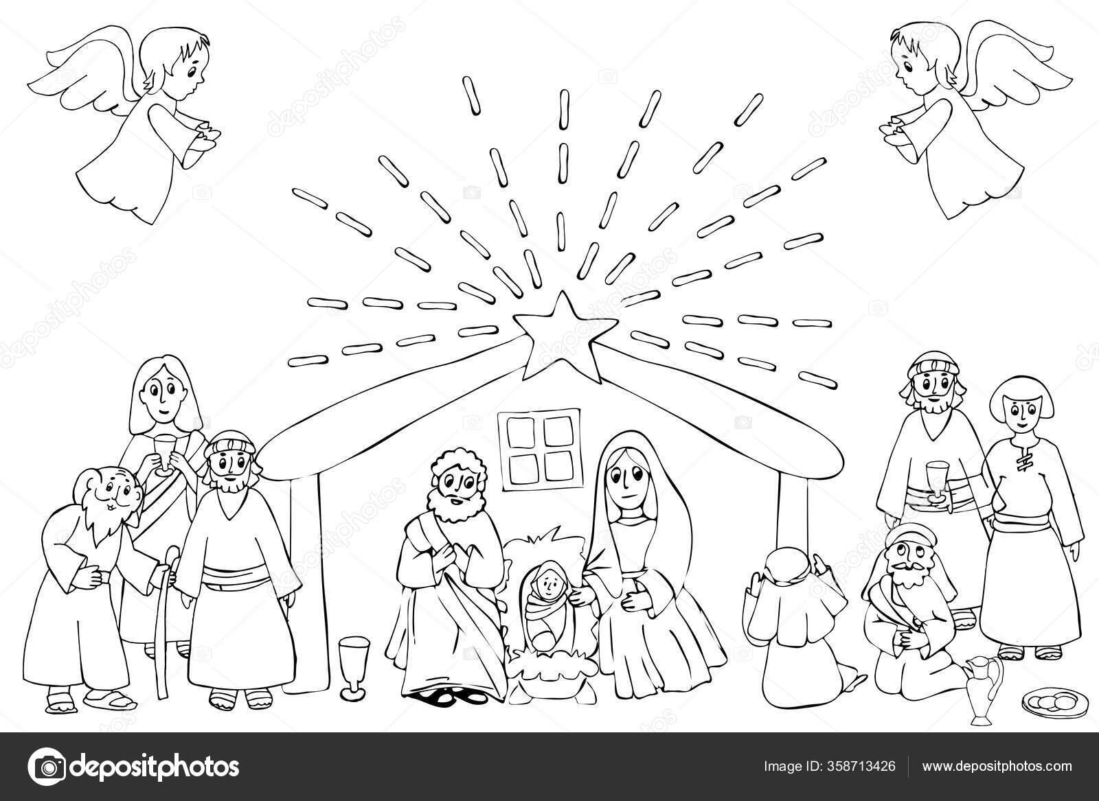 Hand drawn coloring pages kids adult christmas nativity scene coloring stock vector by eenazlatagmail