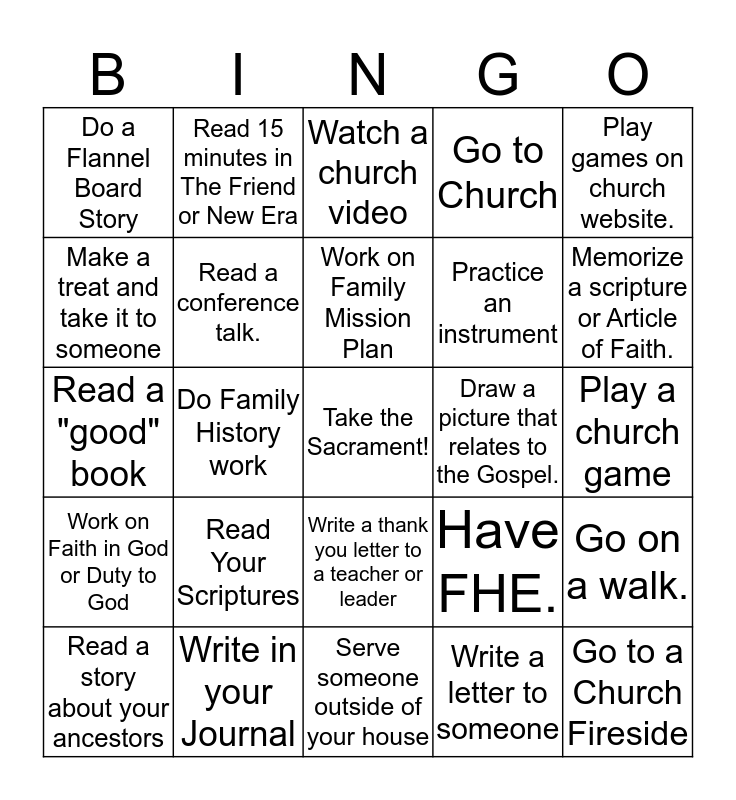 Keep the sabbath day holy bingo card