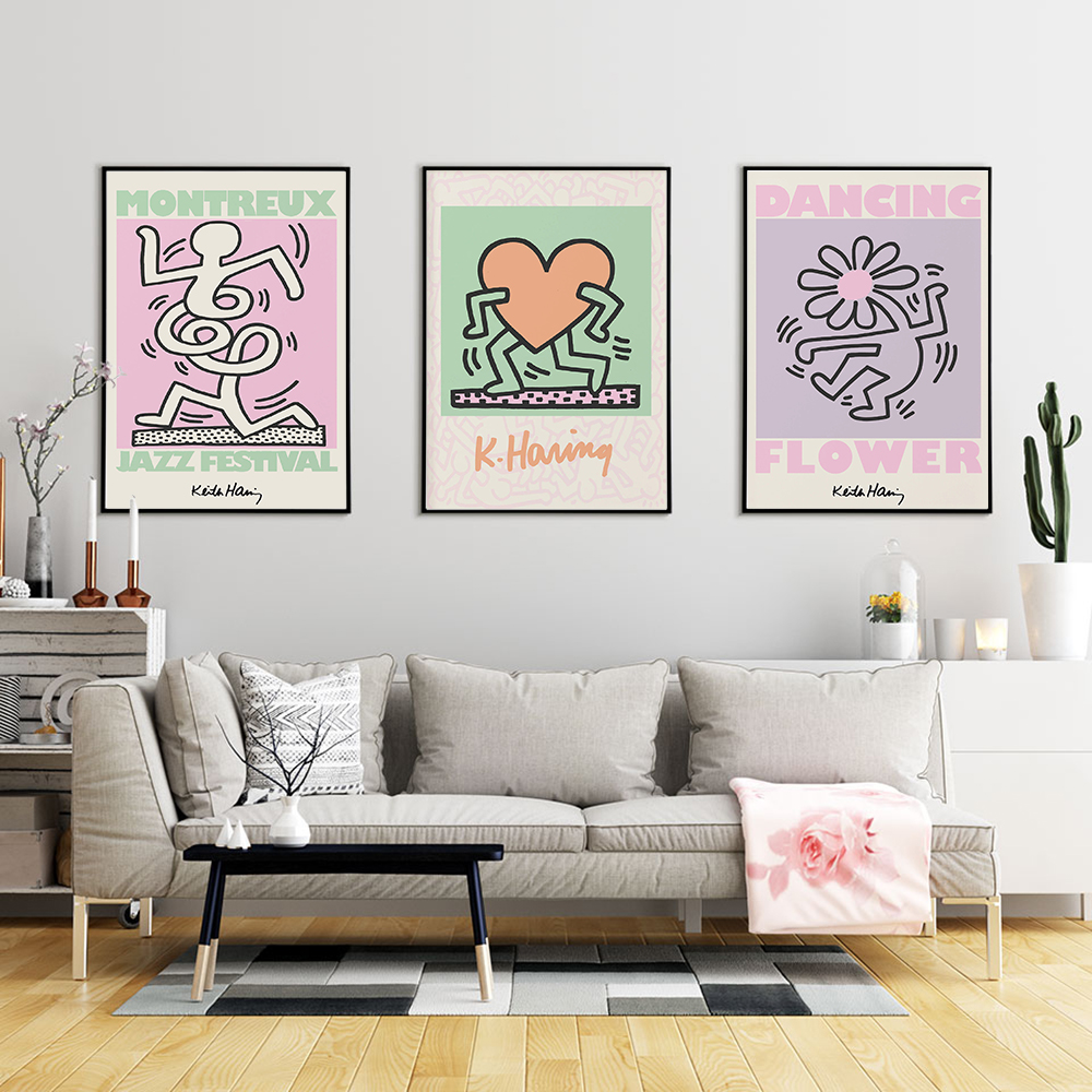 Keith haring inspired danish pop art print pastel dancing flowers canvas wall decor â â free shipping â up to off