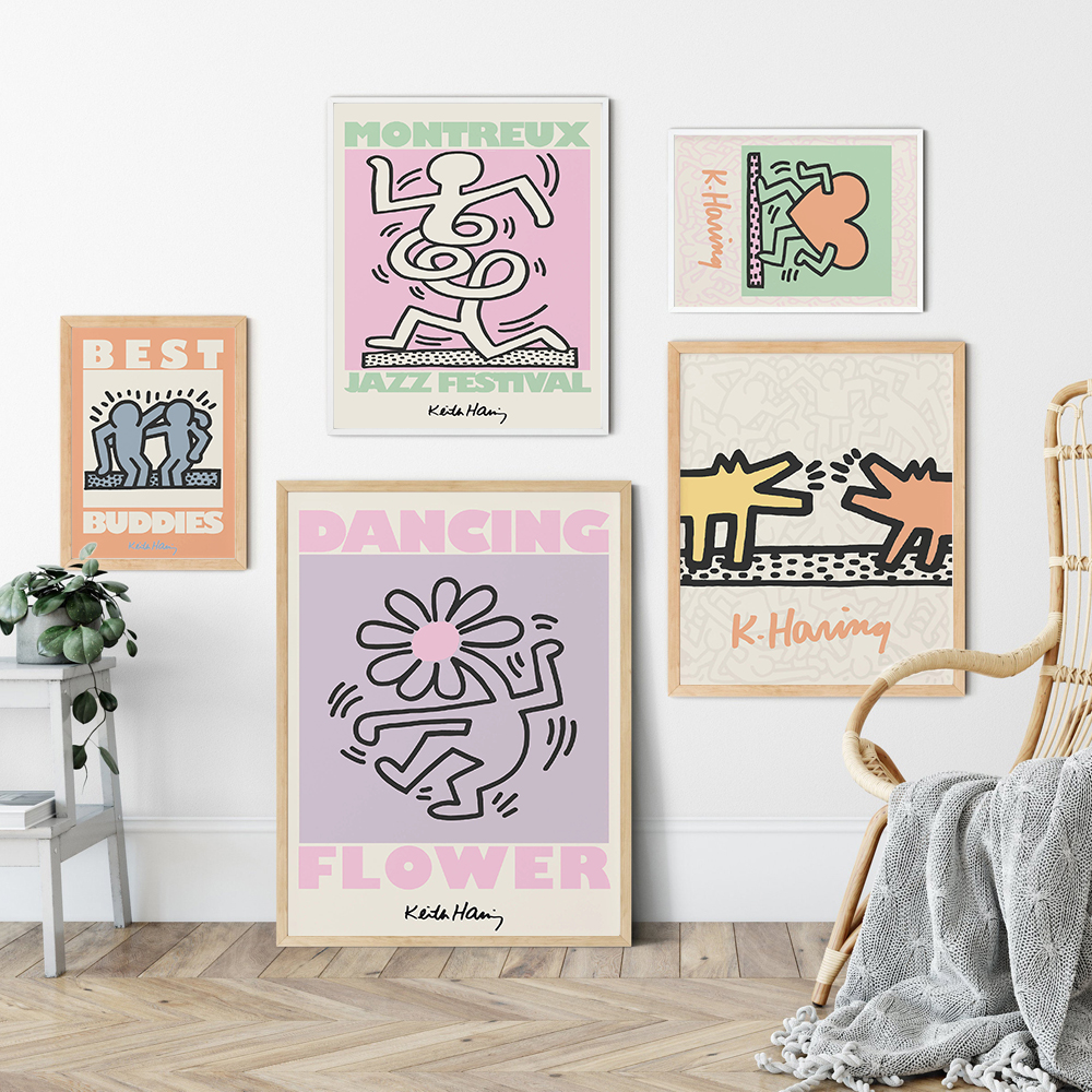 Keith haring inspired danish pop art print pastel dancing flowers canvas wall decor â â free shipping â up to off