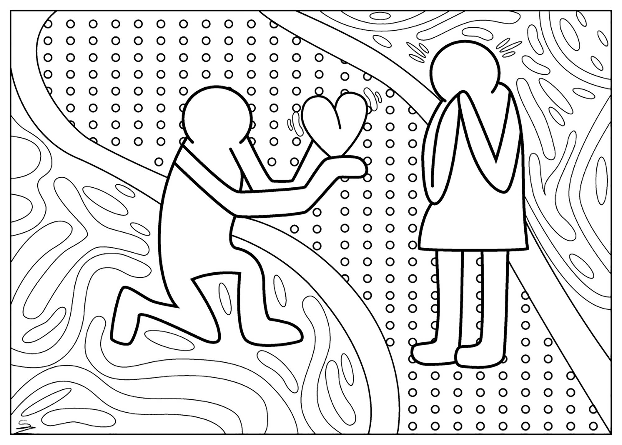 Valentines day coloring page inspired by the works of keith haring