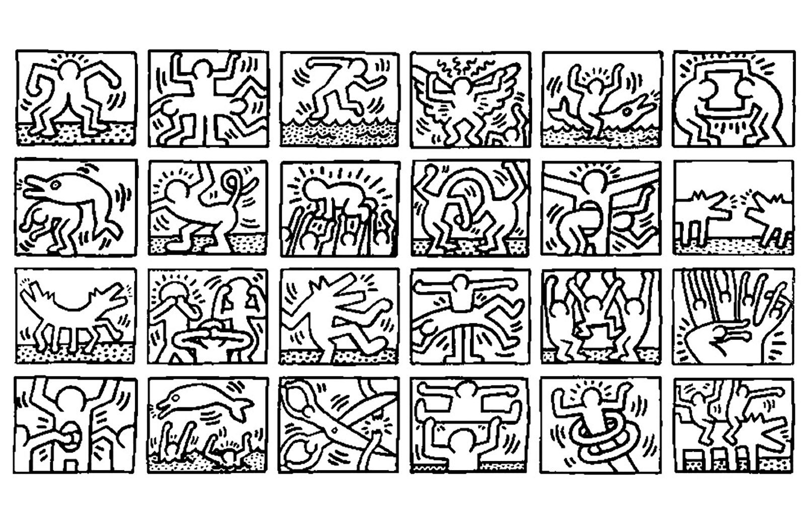 Coloring page created from a keith haring painting kunst maken keith haring knutselen thema kunst