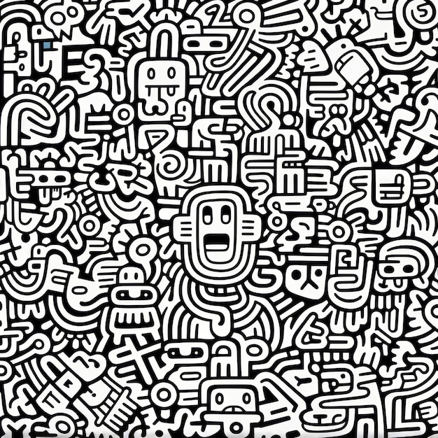 Premium ai image dynamic doodle delights keith harings black and white paper art in a colouring book pattern