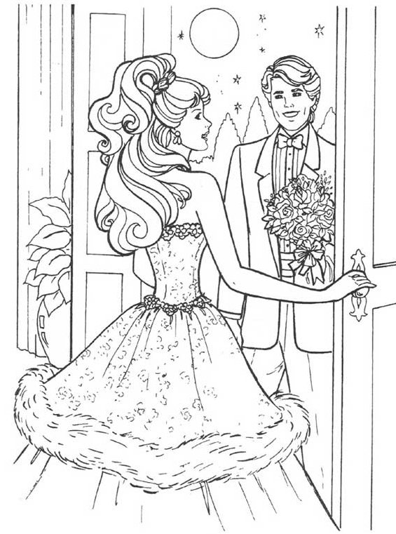 Ken gives flowers to barbie coloring page