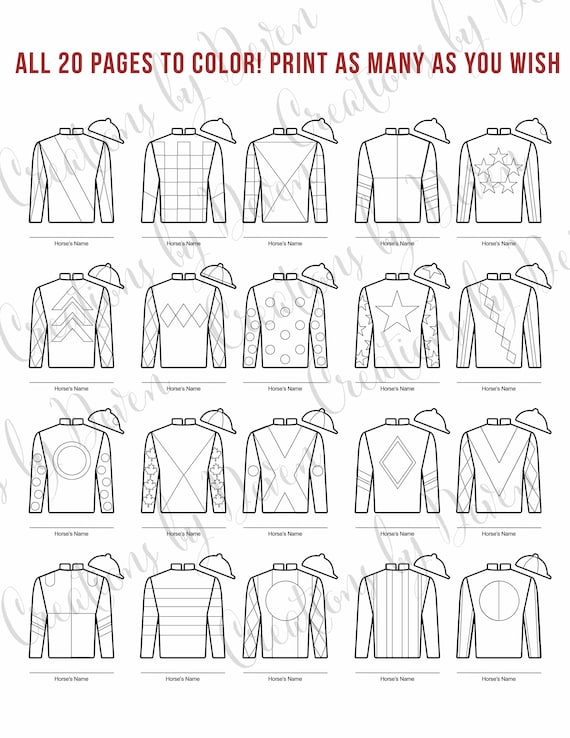 Kentucky derby party printable jockey jersey silk coloring pages different designs