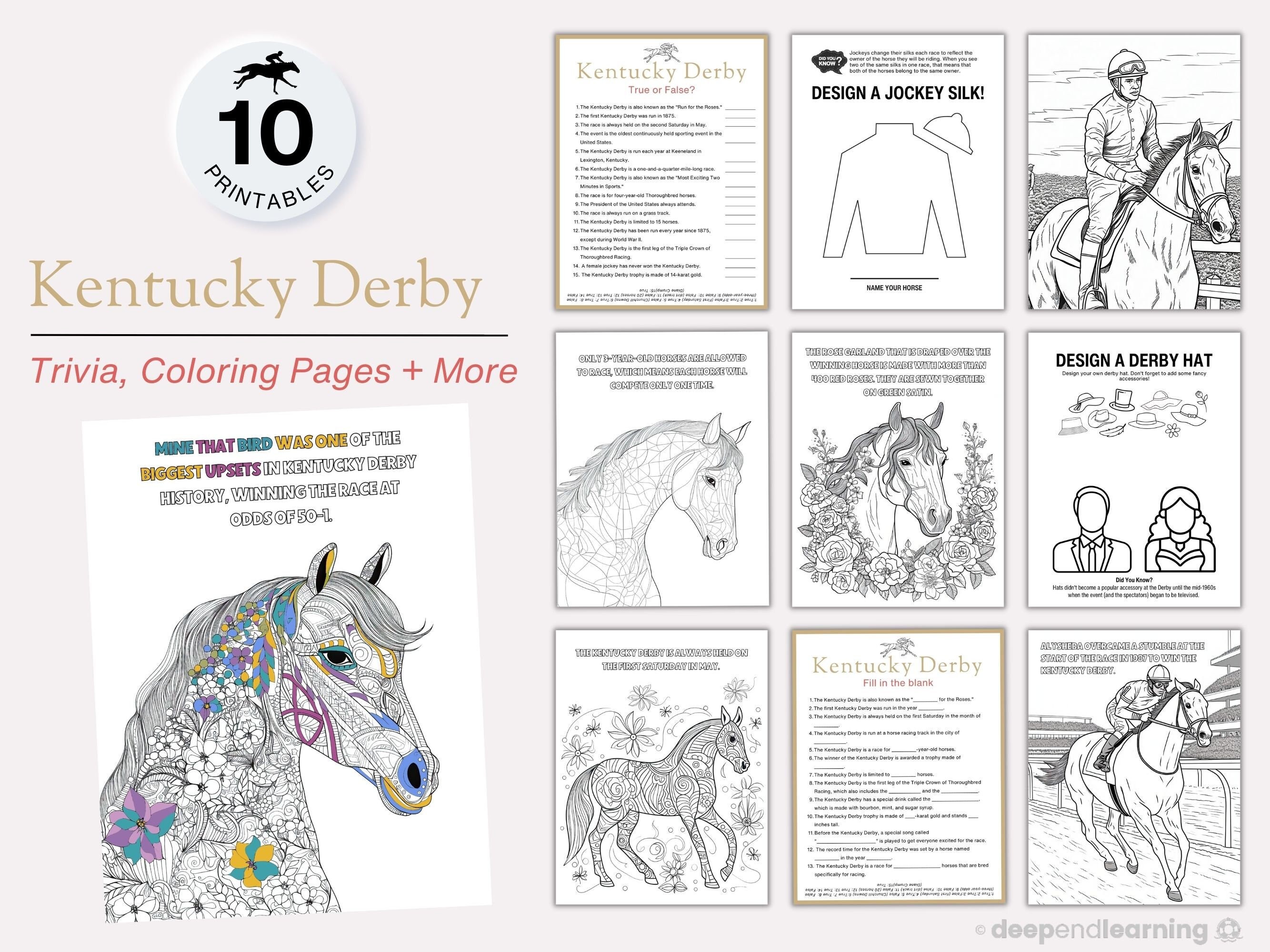 Kentucky derby party printables i games trivia coloring