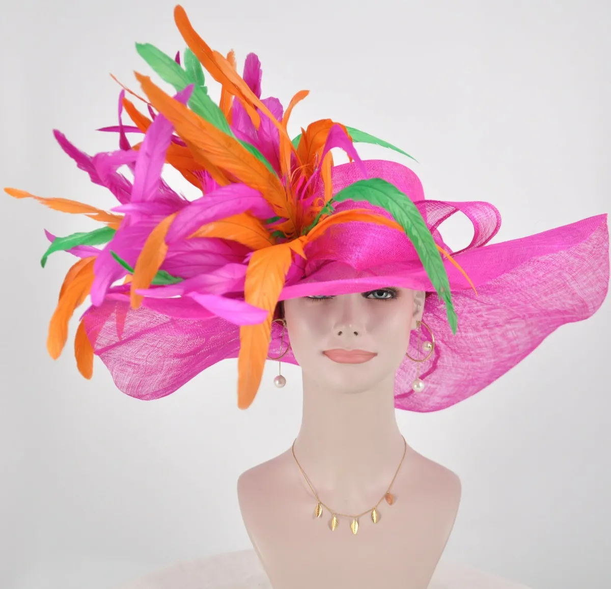 Hot pink w orange green feathers kentucky derby hat tea party hat wide brim