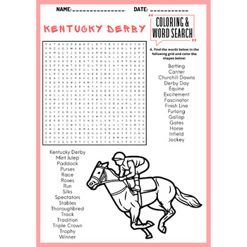 Kentucky derby coloring word search puzzle worksheets activity