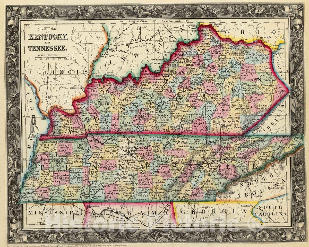 Historic map county map of kentucky and tennessee