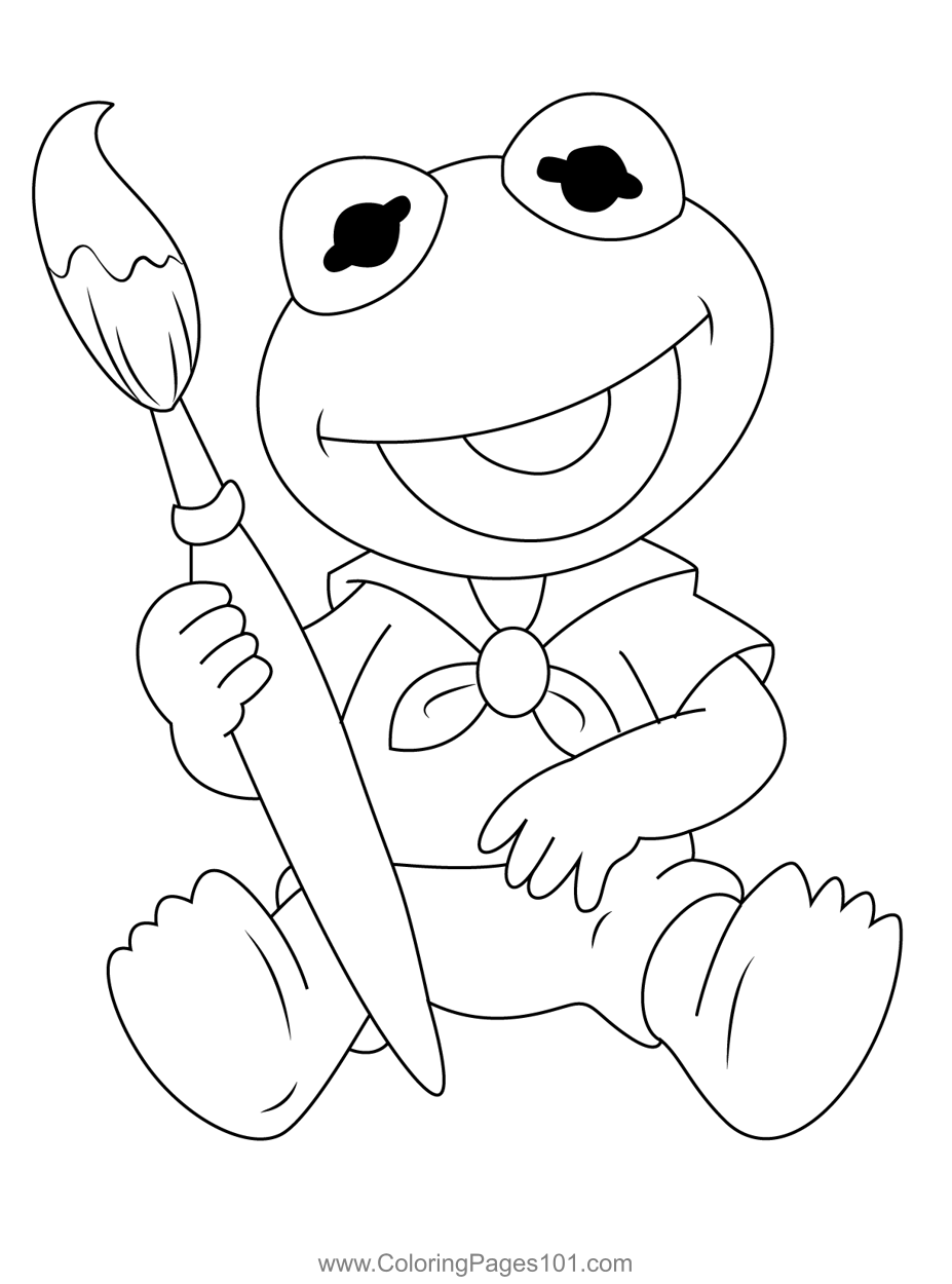 Baby kermit painting brush coloring page for kids