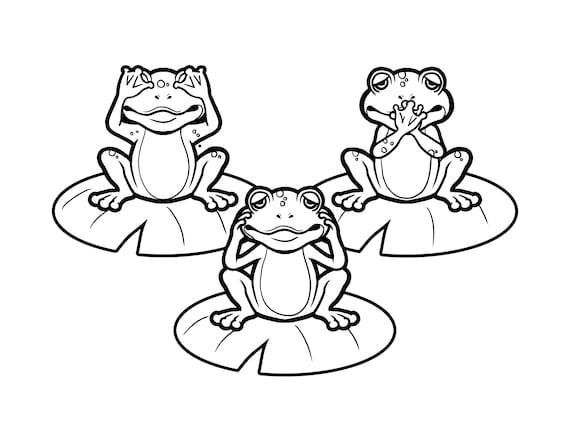 See hear speak no evil frogs printable digital download cute frogs coloring page