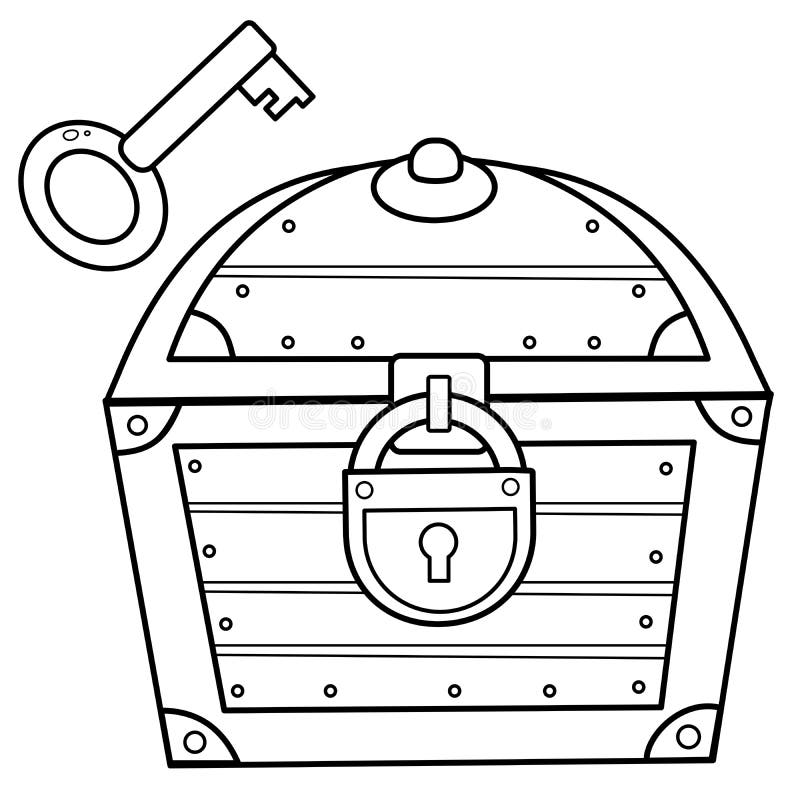 Coloring page outline of cartoon treasure chest with key closed coffer with lock decorative element for pirate party for kids stock vector