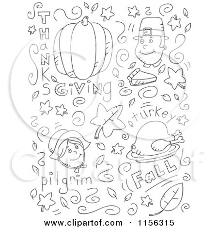 Cartoon clipart of a black and white holiday doodle background of thanksgiving items on white