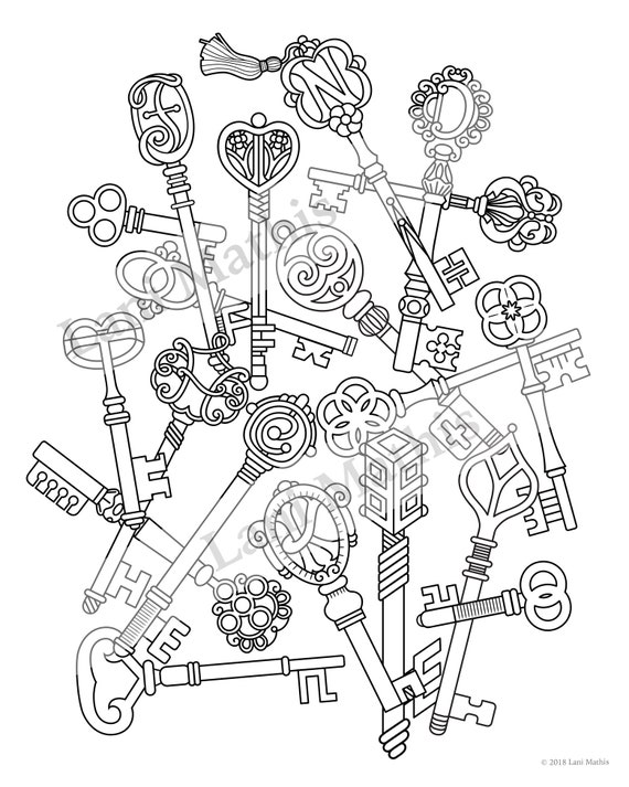 Coloring page digital download skeleton keys secret message vintage keys download now